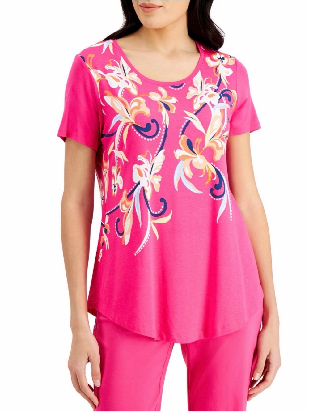 JM Collection Hot Pink Floral-Print Short Sleeve Tunic